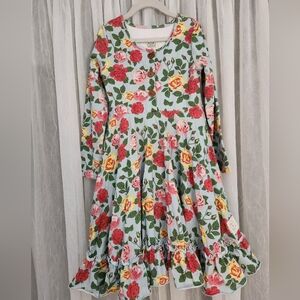 Olivia Mae Charming Long Sleeve Floral Dress w/ Red,Pink,Yellow Blooms, S7/8,EUC